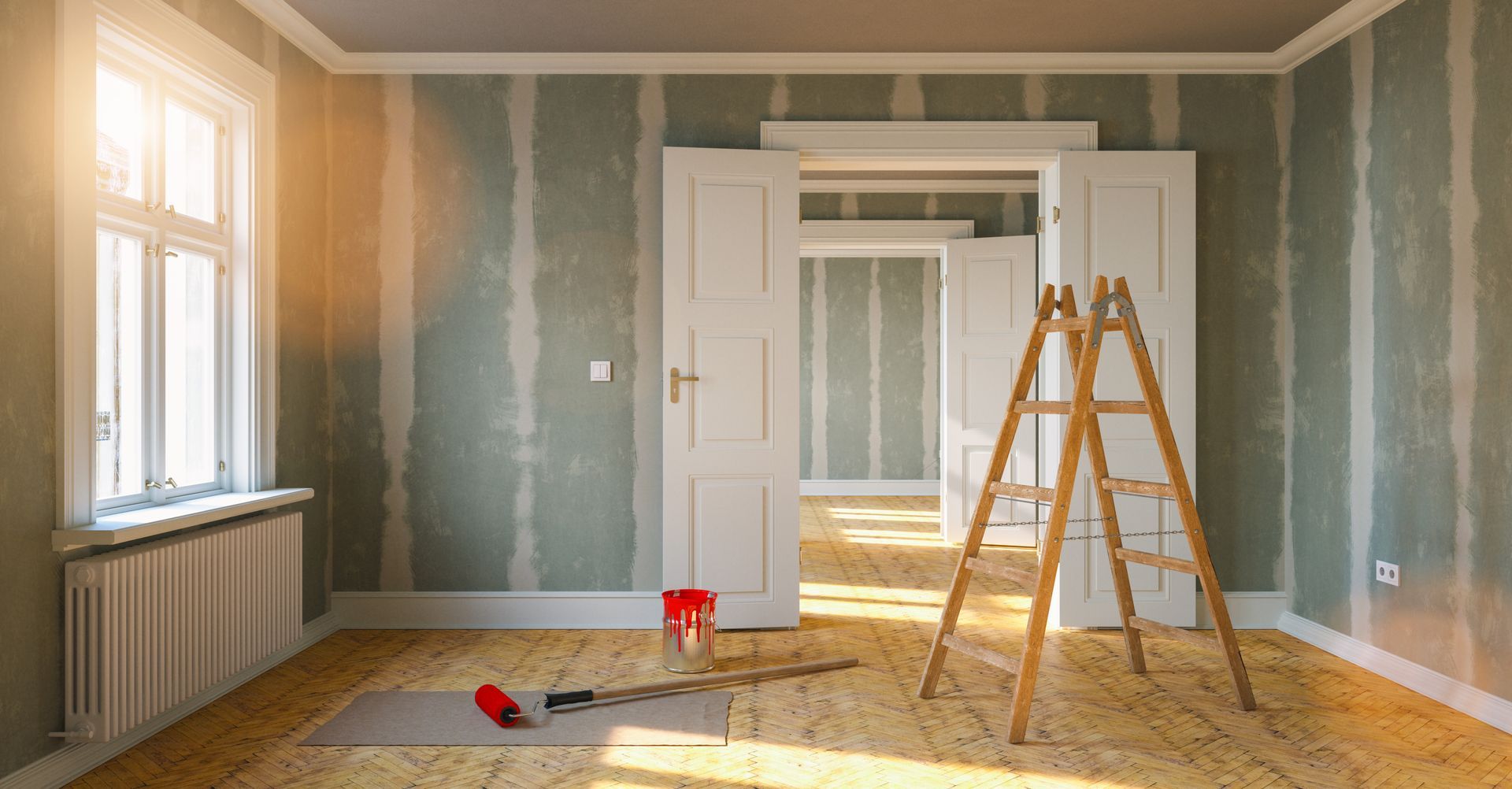 Room being renovated, ladder, paint roller, open doors, window with sunlight.
