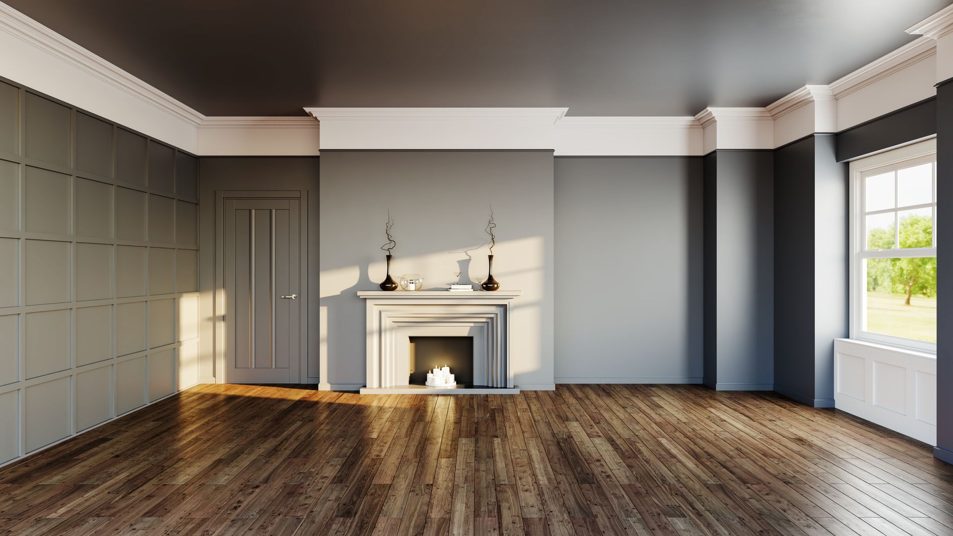 Empty room with gray walls, wooden floor, fireplace, and window.