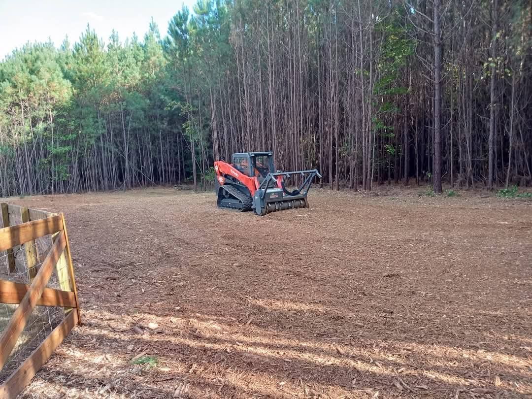 Small skid-steer loader on a cleared dirt lot beside a forest, with orange barricades in the foreground.