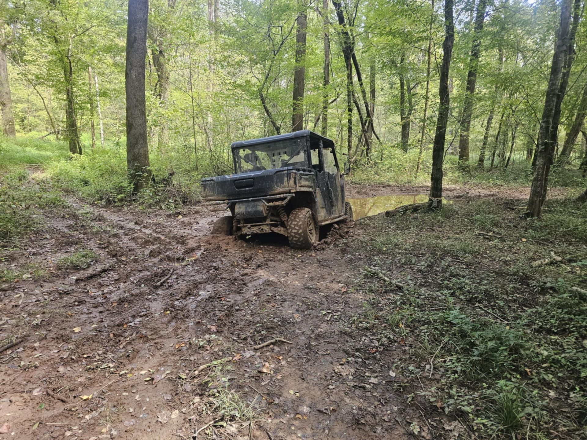 Mud-covered off-road vehicle on a muddy forest trail surrounded by trees