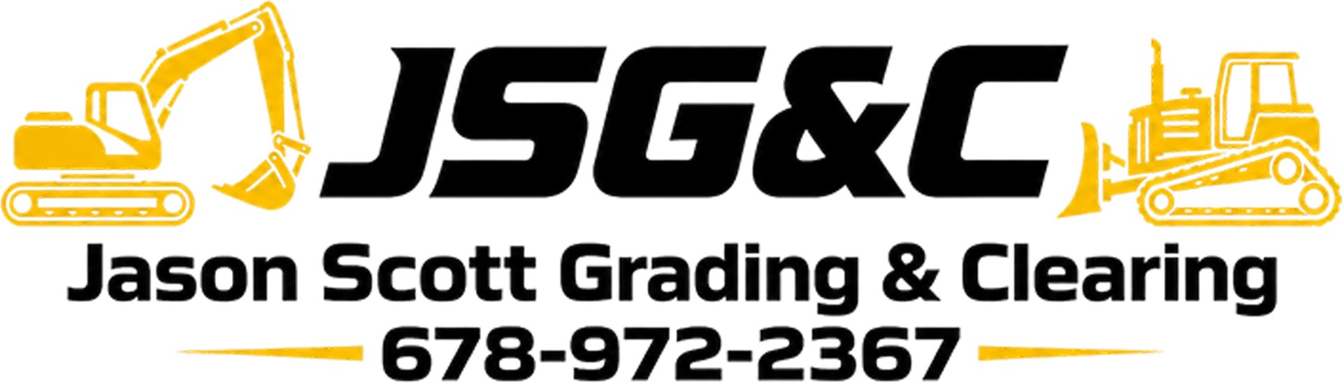 JSG&C logo with excavator icon, Jason Scott Grading & Clearing, and phone number 678-972-2367