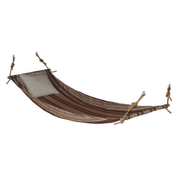 Brown fabric hammock with spreader bars and ropes on a white background