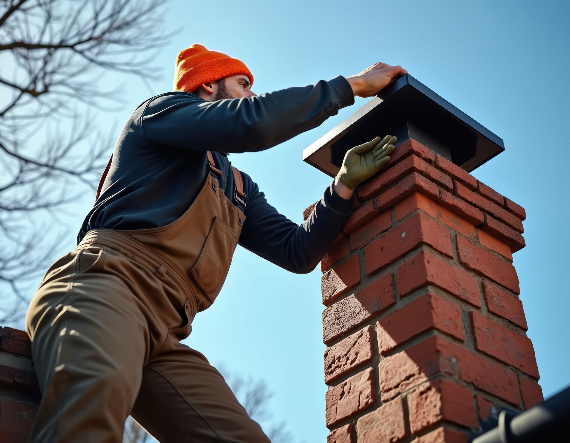 A man performing a professional chimney inspection on a brick chimney outdoors. A man performing a professional chimney inspection on a brick chimney outdoors.