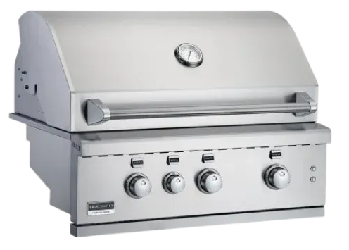 Stainless steel gas grill with closed lid, front knobs, and built-in thermometer