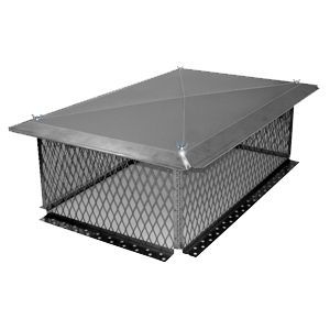 Gray metal rooftop ventilator with wire mesh sides and a sloped cap