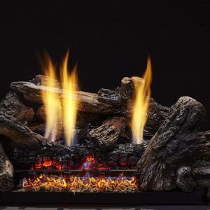 Modern black fireplace with glowing logs and three tall yellow flames against a dark background