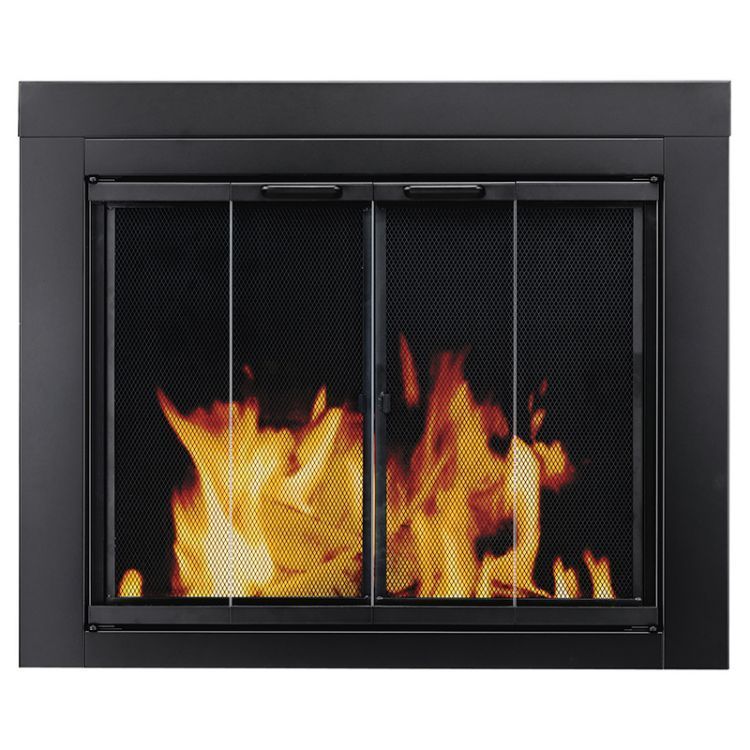 Black fireplace insert with mesh screen and bright orange flames behind glass