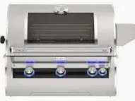 Silver gas grill with closed lid and three blue control knobs on a white background