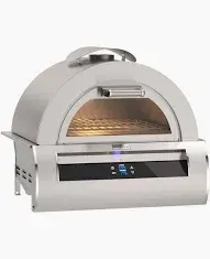 Stainless steel countertop pizza oven with arched opening and digital control panel