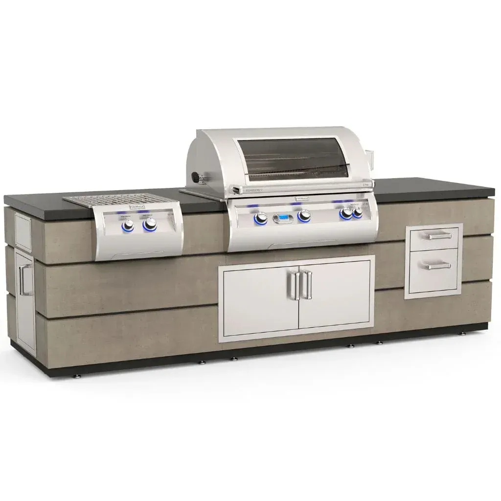 Stainless steel outdoor grill island with side burners, storage cabinet, and side shelf on a white background