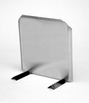 Silver metal panel with two black mounting legs on a white background
