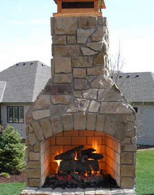 Outdoor Stone Fireplace With Fire