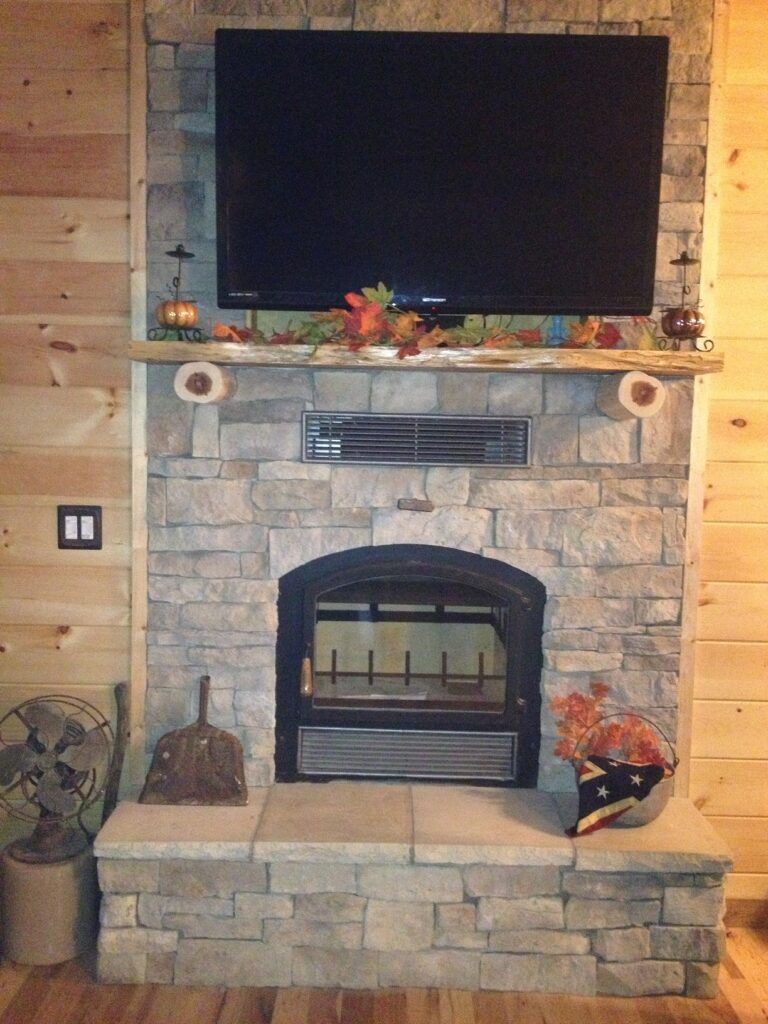 Stone Fireplace, Tv, Wood Paneling.