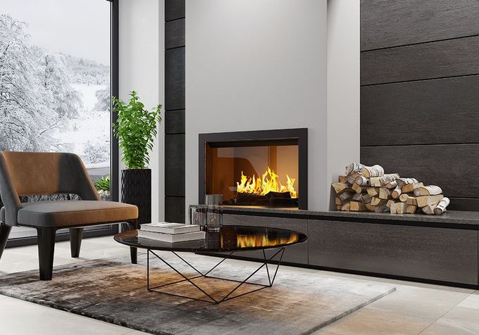 A Modern Living Room With Fireplace.