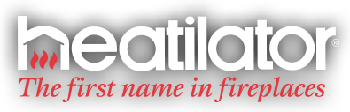 Heatilator logo with red flame in the “H” and tagline “The first name in fireplaces”