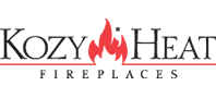 Kozy Heat Fireplaces logo in black and red with flame icon