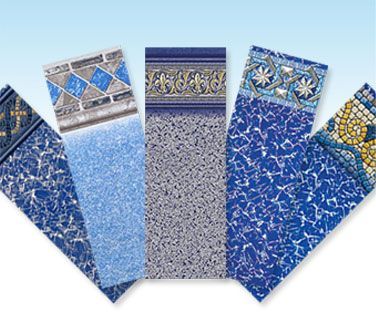 Fan-shaped mosaic tile samples in shades of blue, white, and gold on a light background