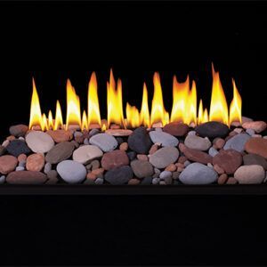 Row of yellow-orange flames rising from smooth gray and brown stones against a black background