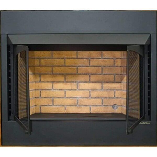 Black fireplace with open glass doors and yellow brick firebox