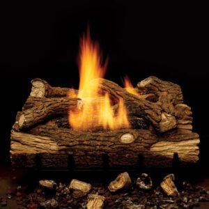 A glowing fireplace with stacked logs and bright orange flames against a black background