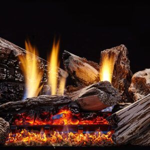 Glowing campfire among rocks, with bright flames and embers at the base