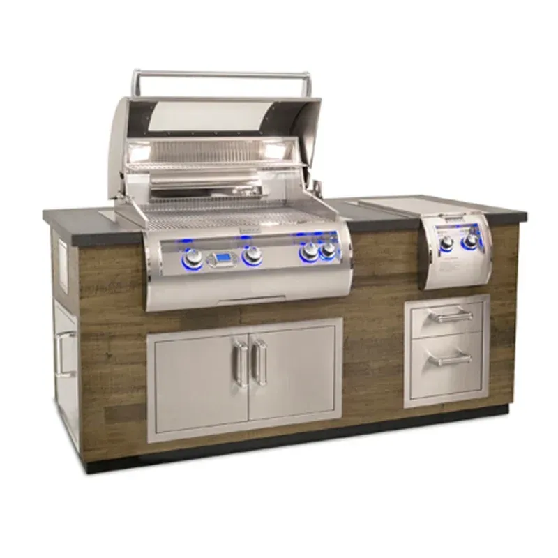 Outdoor stainless steel built-in grill island with wood cabinets and blue control knobs