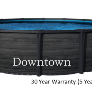 Above-ground pool labeled “Downtown” with blue water and “30 Year Warranty” text