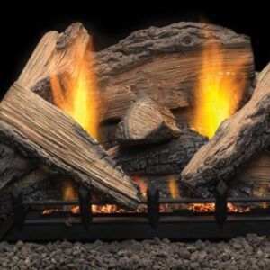 Black log fireplace with bright orange flames burning inside a metal grate