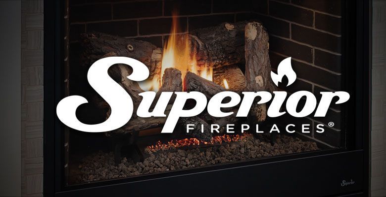 Superio r Fireplaces logo over a lit fireplace with flames and brick hearth
