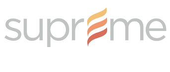 Supreme logo in gray and orange with stylized flame-like “m” shape