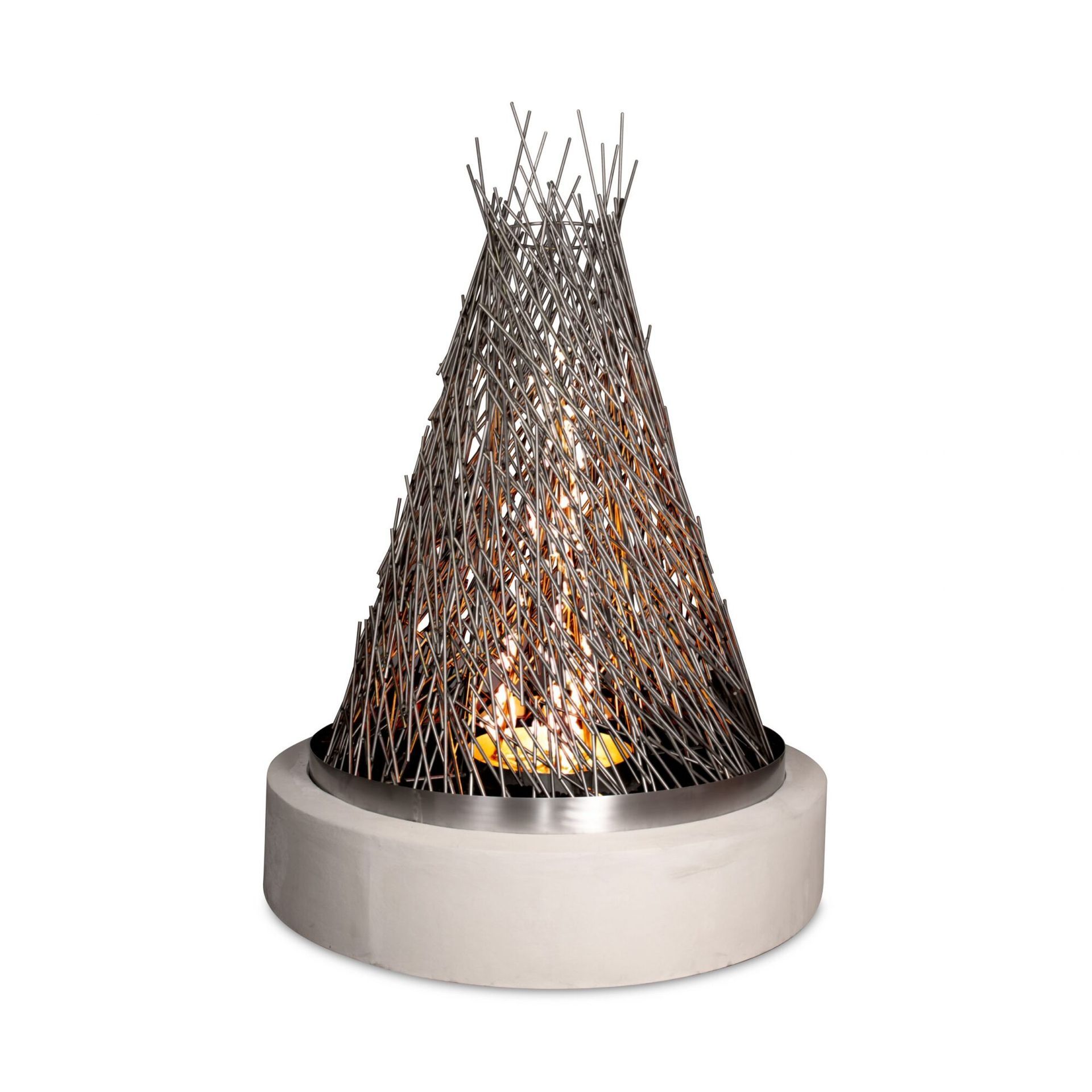 A decorative twig teepee fire pit with a round concrete base and glowing embers inside