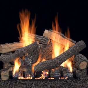Burning logs in a fireplace, with bright orange flames against a dark background
