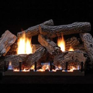 Gas fireplace with faux logs and bright flames against a black background