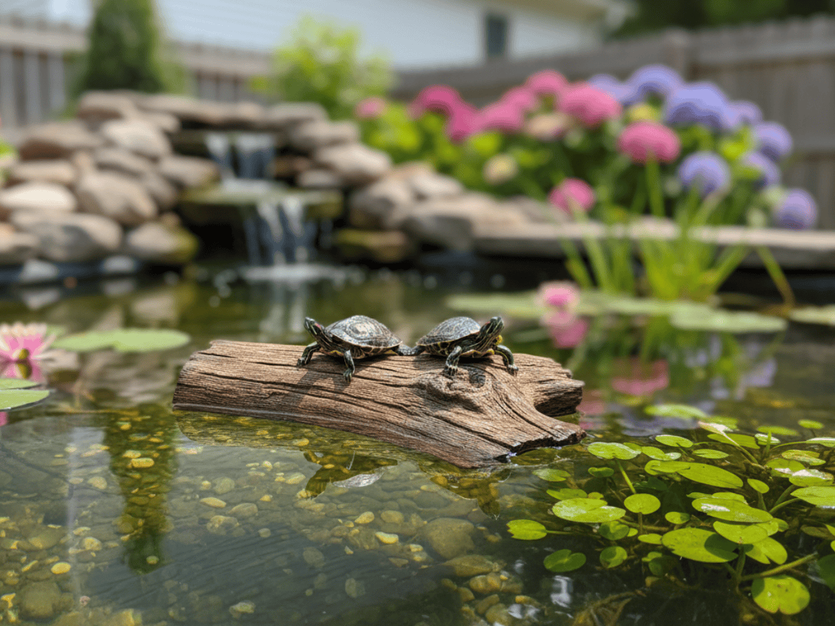 Two turtles on a log in a pond with lily pads, waterfall, and colorful flowers in the background