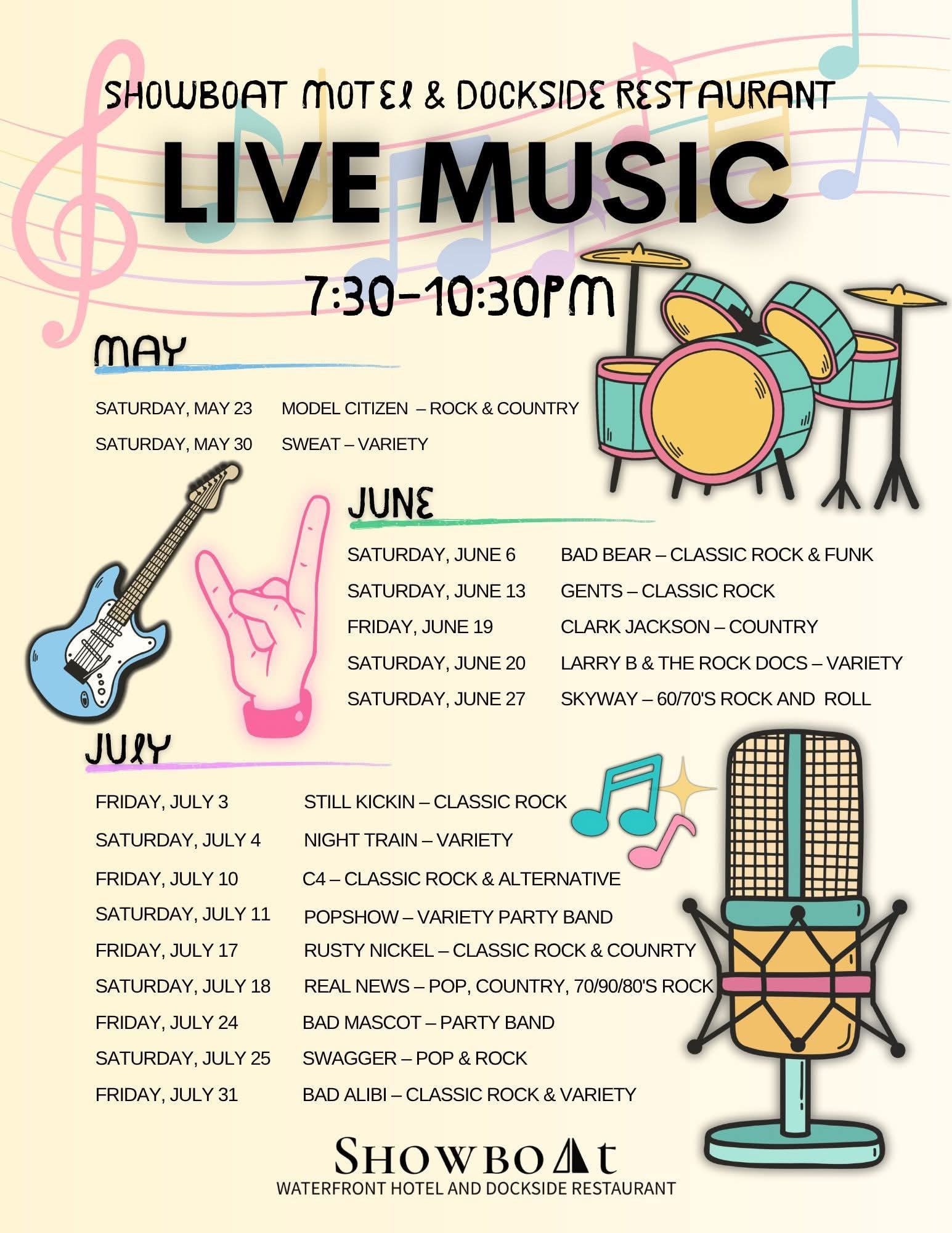 Showboat Hotel & Dockside Restaurant live music schedule in Himrod, NY on Seneca Lake featuring Finger Lakes bands and waterfront entertainment from August through October. Weekly live music events include classic rock, country, pop, yacht rock, funk, and variety bands at the Showboat waterfront hotel, restaurant, and bar near Watkins Glen and Finger Lakes wineries.