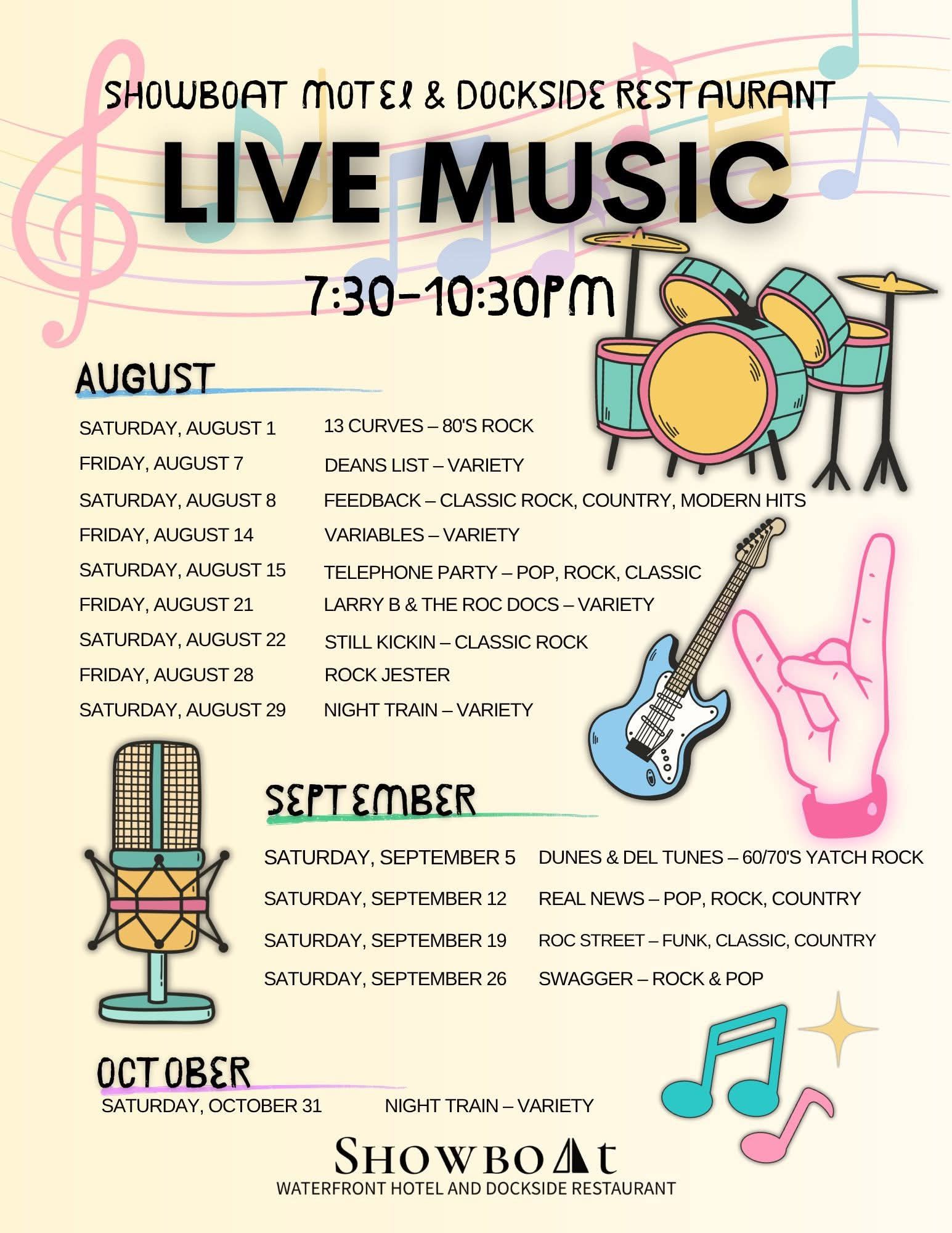 Showboat Hotel & Dockside Restaurant live music schedule in Himrod, NY featuring waterfront entertainment, classic rock, country, pop, and variety bands on Seneca Lake in the Finger Lakes.