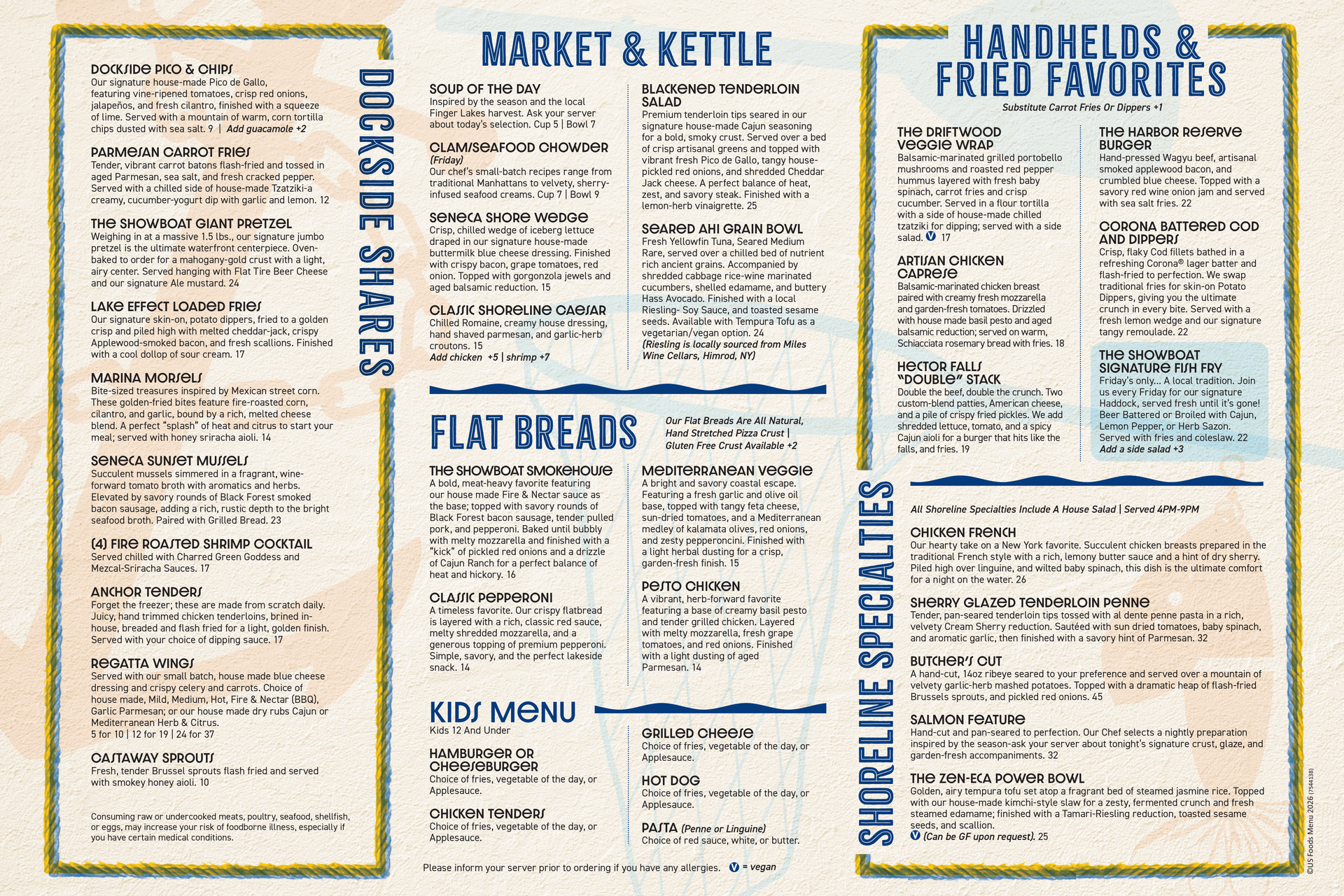 Showboat Hotel Dockside Restaurant food menu featuring waterfront dining favorites in Himrod, NY on Seneca Lake. Menu includes burgers, fish fry, seafood chowder, ahi grain bowl, flatbreads, loaded fries, mussels, wraps, salads, steak, salmon, chicken French, shrimp cocktail, wings, pretzels, kids menu, and Finger Lakes-inspired dinner specials. Waterfront restaurant and bar near Watkins Glen and Finger Lakes wineries.