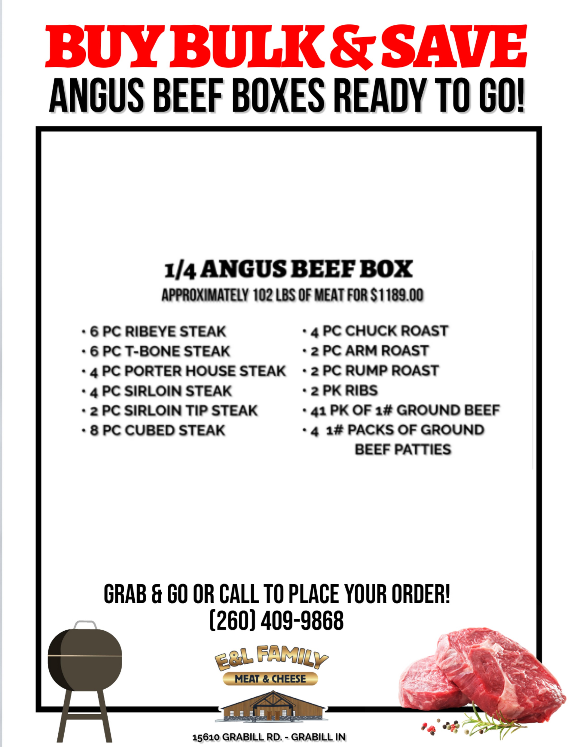 Black-and-white ad for Angus beef boxes, listing cuts and a call to order at the bottom.