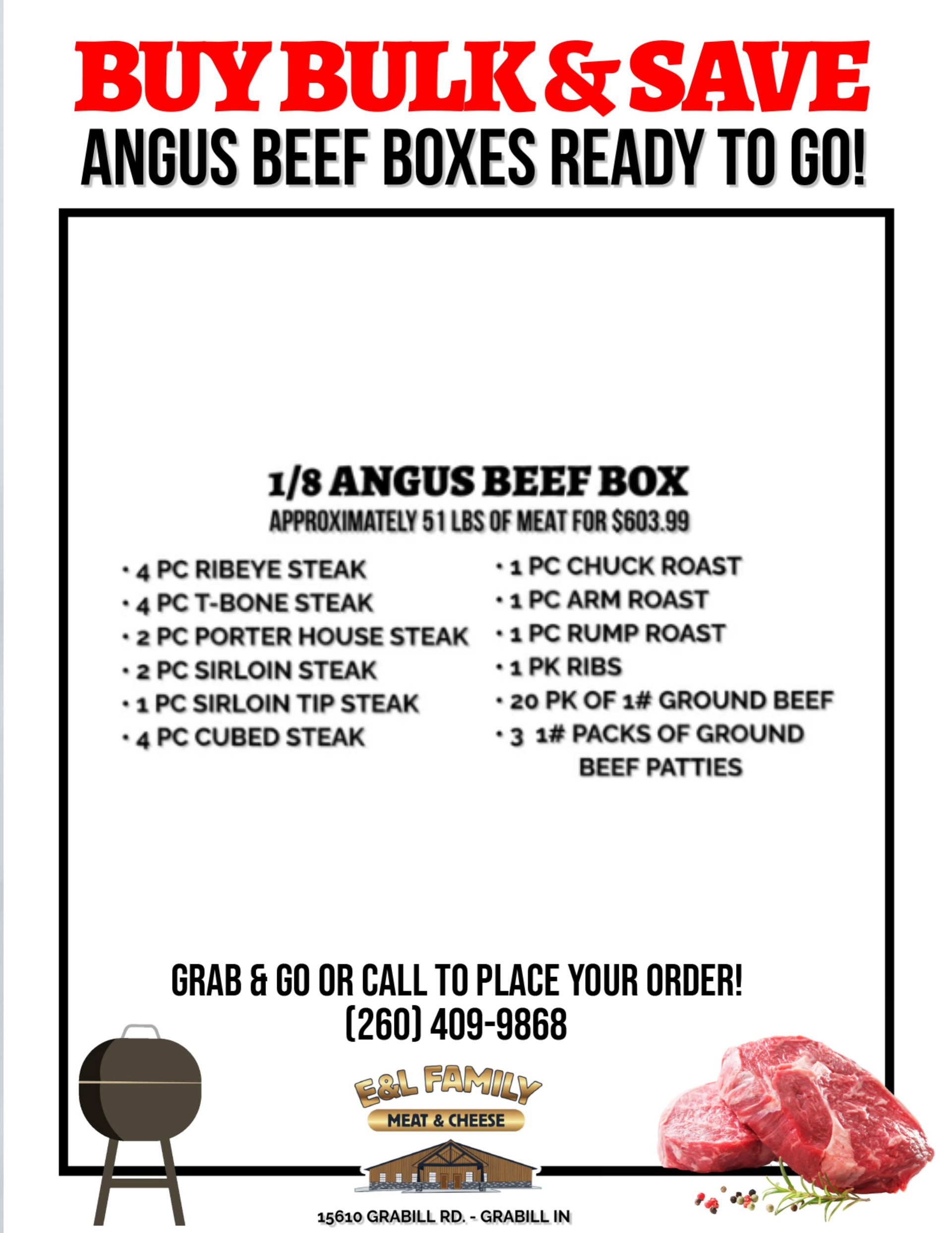 Red and black butcher ad for bulk Angus beef boxes, with prices, phone number, and steak, roast, and ground beef photos