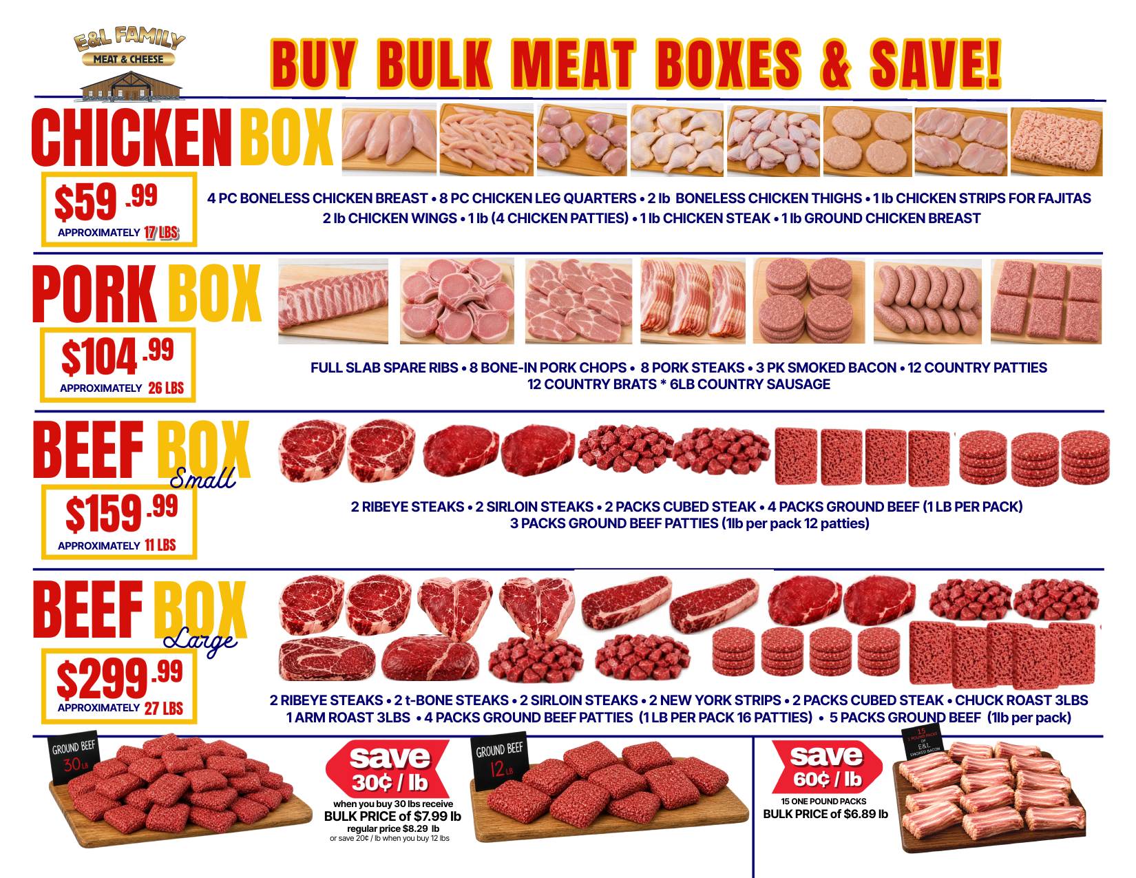 Bulk meat boxes sale ad with chicken, pork, and beef boxes, prices, and discount promos
