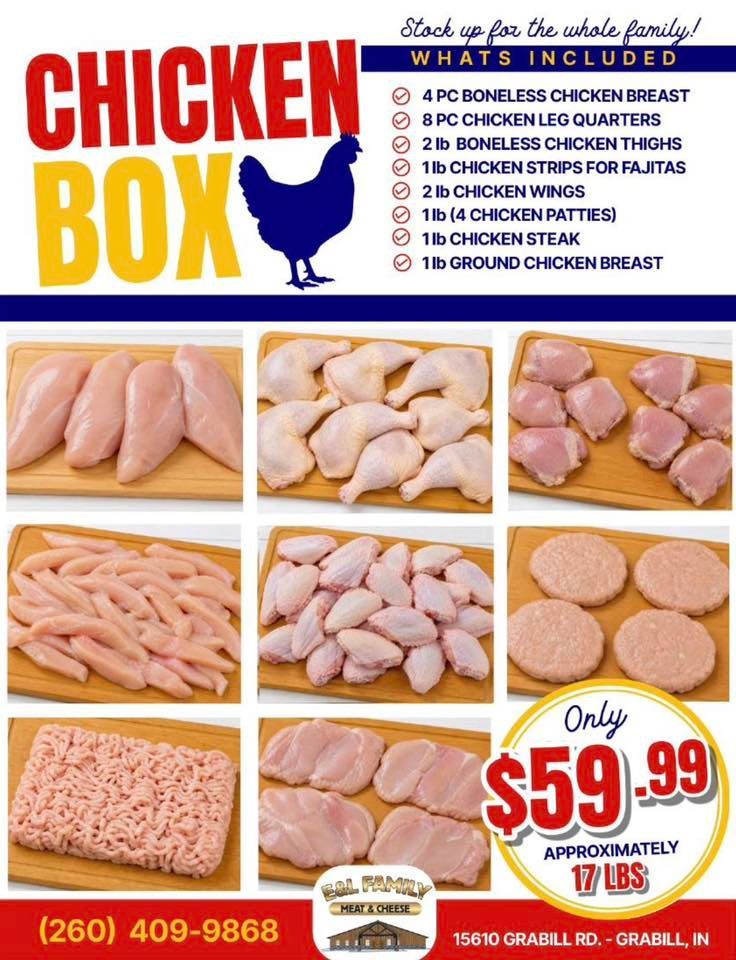 Chicken box deal flyer with assorted raw chicken cuts and $59.99 price tag