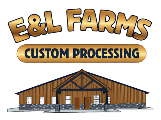 E&L Farms Custom Processing logo with a barn illustration in gold and black