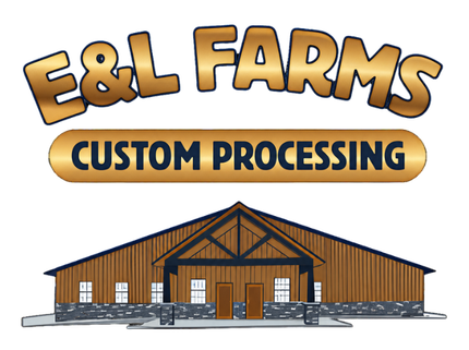 E&L Farms Custom Processing logo with a barn illustration in gold, brown, and blue