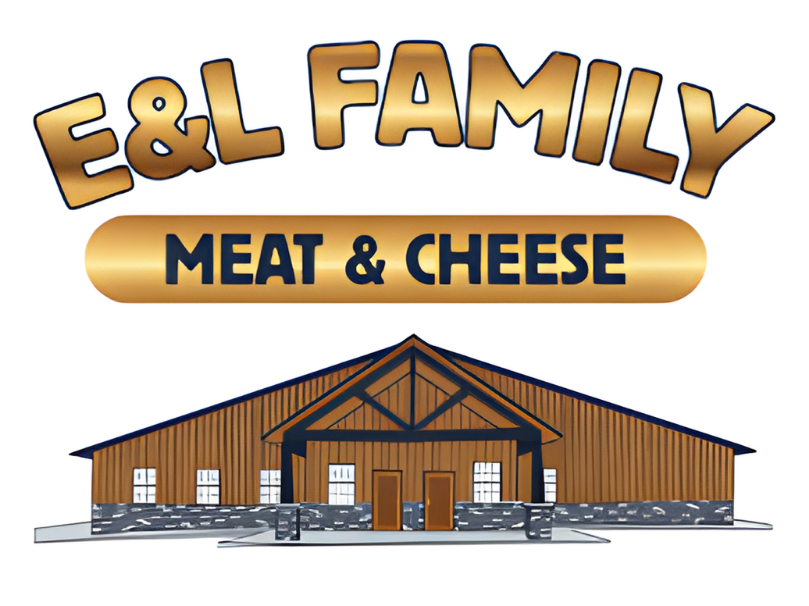 E&L Family Meat & Cheese logo with a barn illustration in brown, gold, and blue