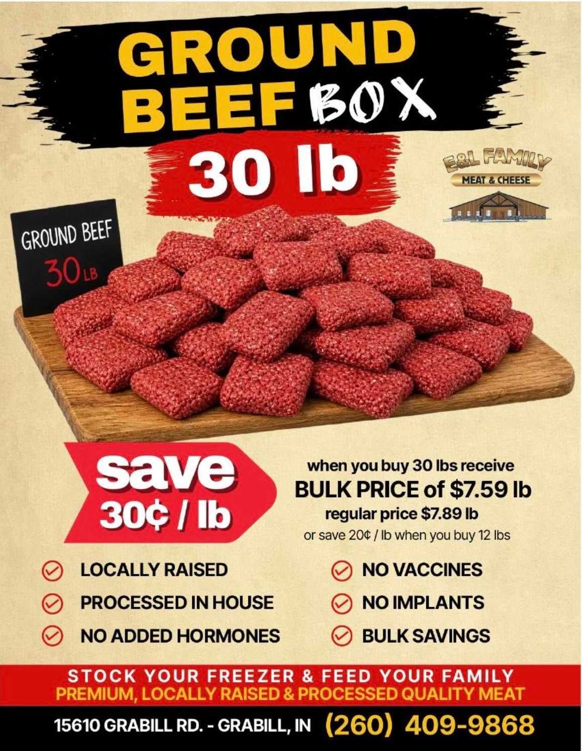 Ground beef box ad with 30 lb meat tray, “Save 30¢/lb,” and price details in red and yellow text