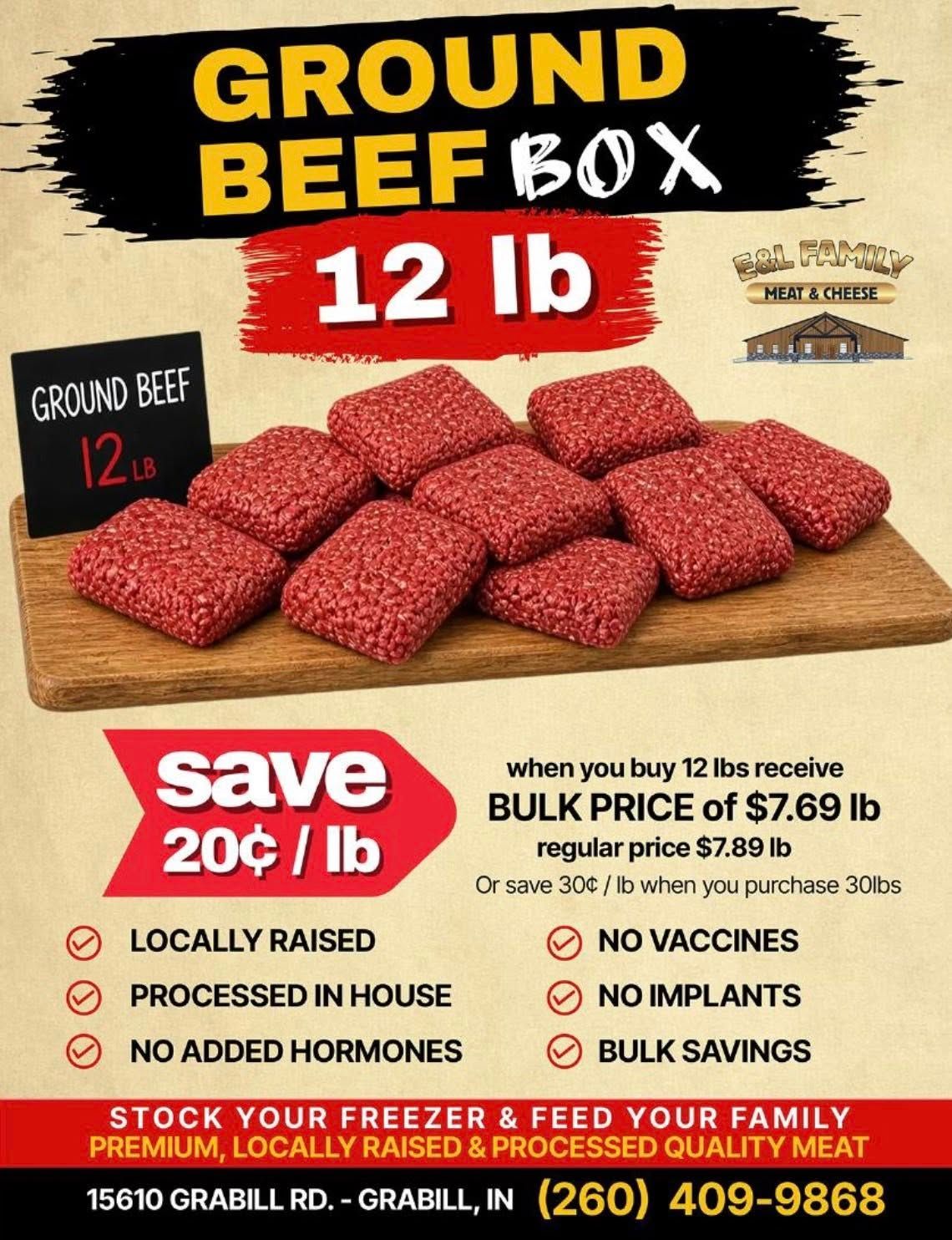 Ground Beef Box 12 lb sale ad with stacked raw beef patties and price savings details