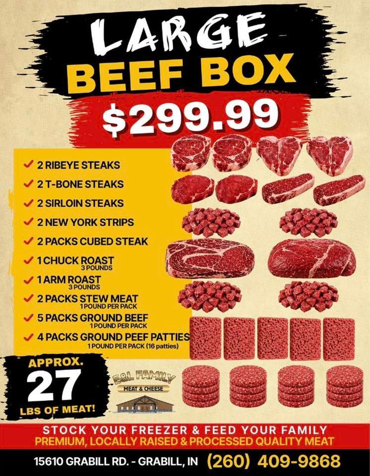 Large beef box sale ad, $299.99, with assorted steaks, roasts, ground beef, and patties on a red background