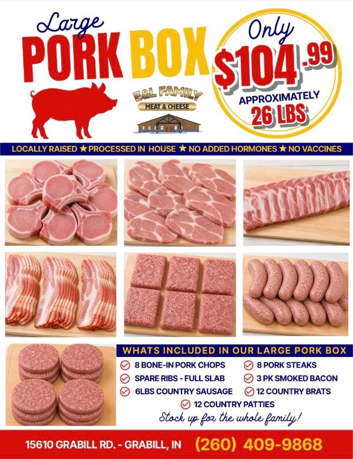Large Pork Box ad with assorted pork cuts, $104.99, 26 lbs, local delivery and pickup in red and yellow
