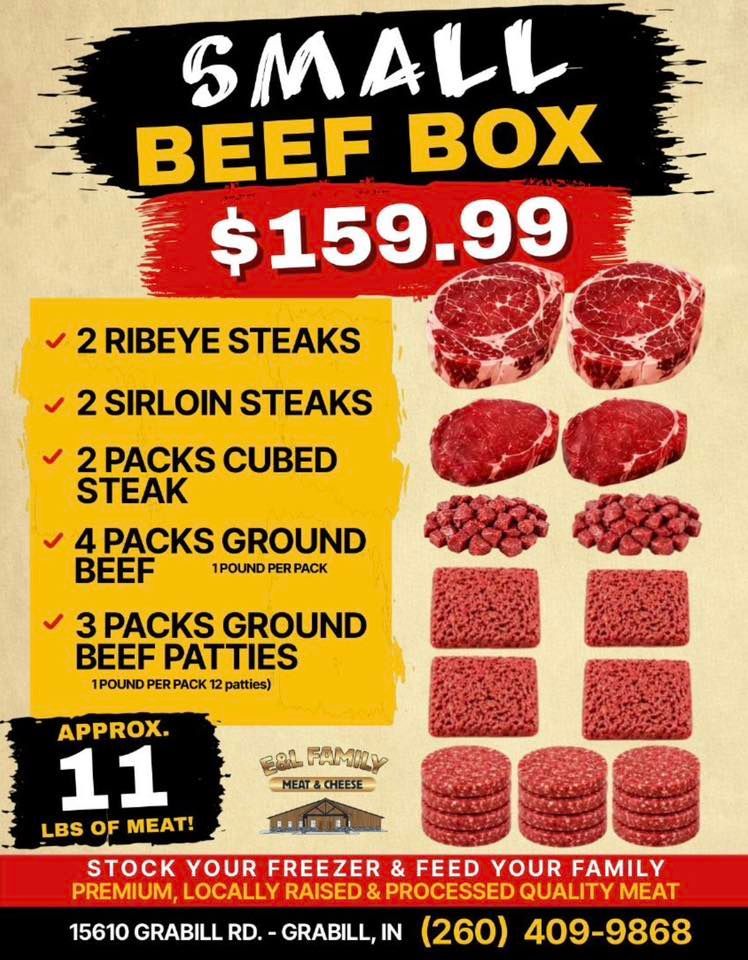 Small Beef Box sale ad with steak, ground beef, patties, and $159.99 price on yellow-black background