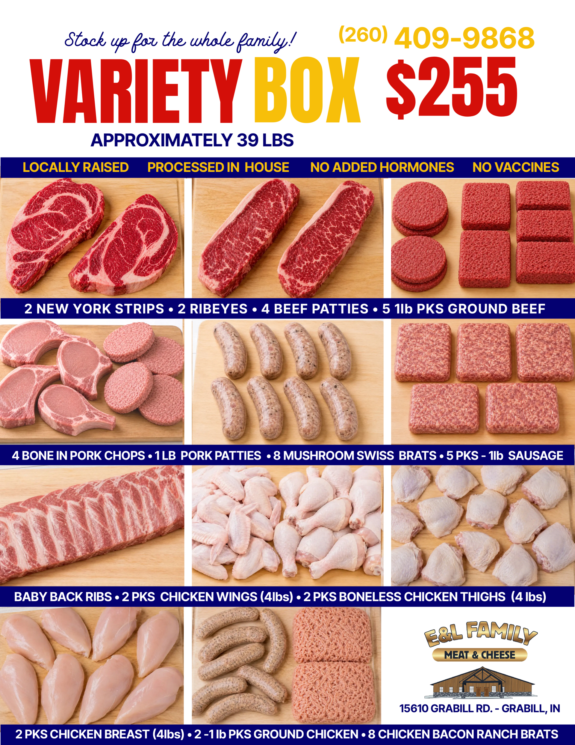 Variety Box $255 meat ad with assorted beef, chicken, and pork cuts arranged in a grid